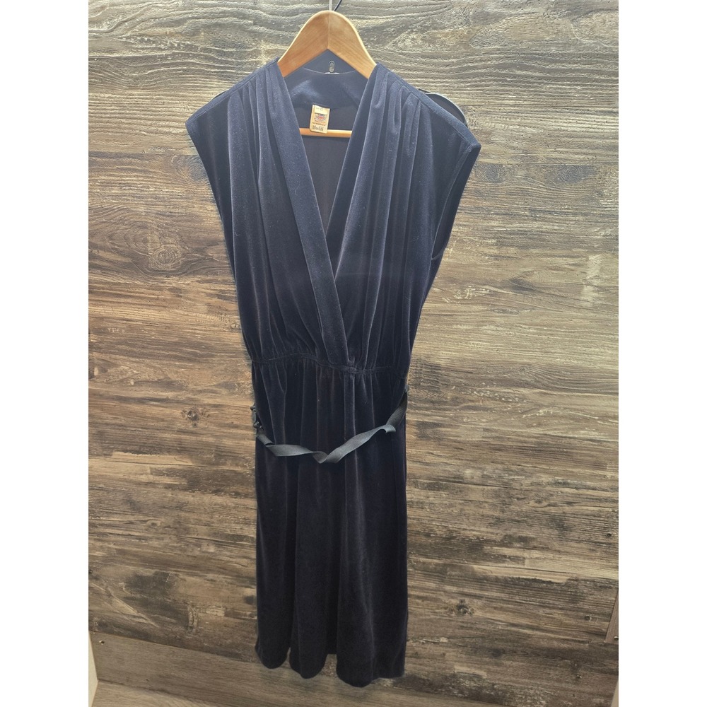 Vintage ILGWU black Velvet Surplice V-Neck Midi Dress Made in USA Womens 12